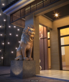 中式商业门头和铜狮3D模型